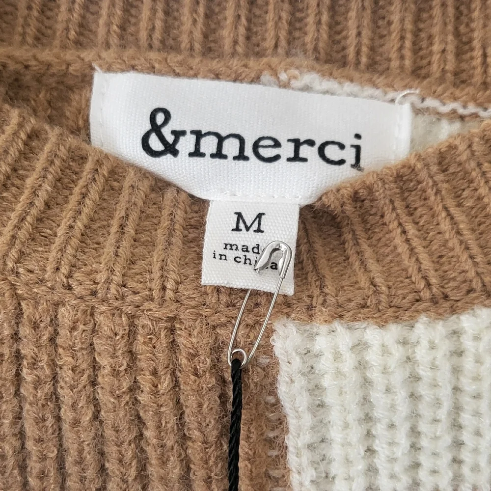 &merci Long Sleeved Sweater with Tan and White Chekers SIZE M (NWT) - Picture 7 of 9